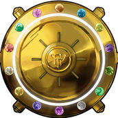 A golden vault door containing multiple colourful characters around the edge.